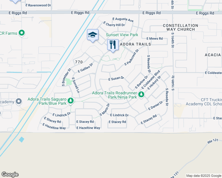 map of restaurants, bars, coffee shops, grocery stores, and more near 2364 East Brigadier Drive in Gilbert