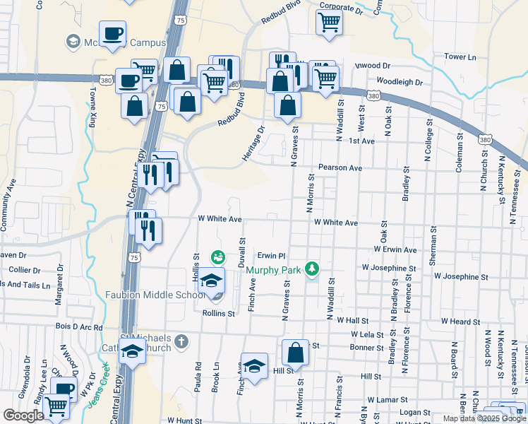 map of restaurants, bars, coffee shops, grocery stores, and more near 1412 White Way in McKinney