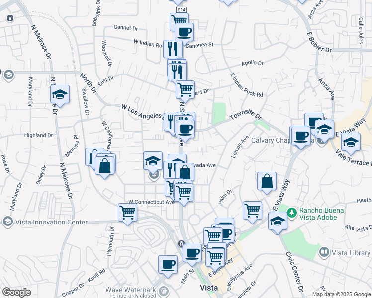 map of restaurants, bars, coffee shops, grocery stores, and more near 757 North Santa Fe Avenue in Vista
