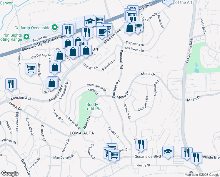 map of restaurants, bars, coffee shops, grocery stores, and more near 223 Cottingham Court in Oceanside