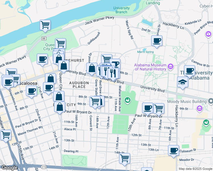 map of restaurants, bars, coffee shops, grocery stores, and more near 512 Frank Thomas Avenue in Tuscaloosa