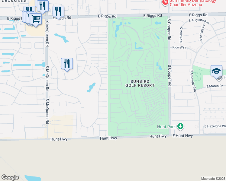 map of restaurants, bars, coffee shops, grocery stores, and more near 1521 East Buena Vista Drive in Chandler