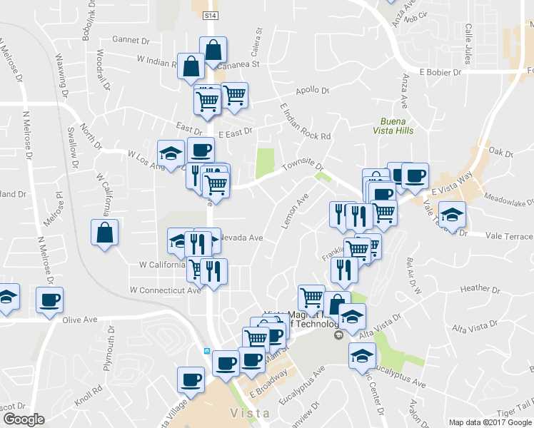 map of restaurants, bars, coffee shops, grocery stores, and more near 764 North Citrus Avenue in Vista