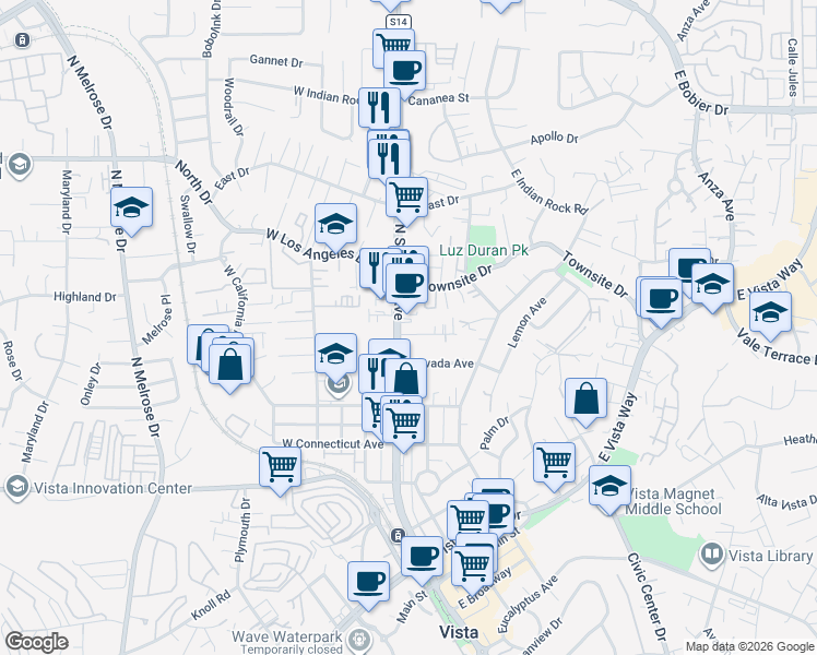 map of restaurants, bars, coffee shops, grocery stores, and more near 757 North Santa Fe Avenue in Vista