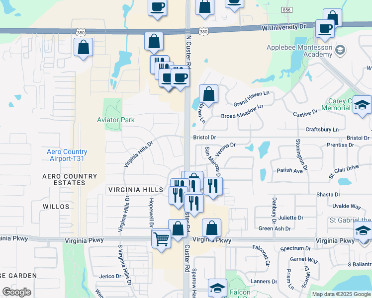 map of restaurants, bars, coffee shops, grocery stores, and more near 2420 North Custer Road in McKinney