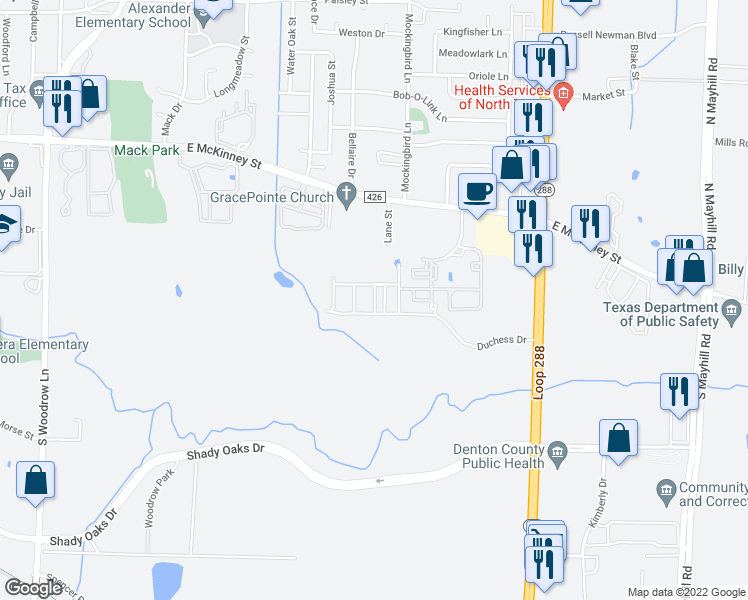 map of restaurants, bars, coffee shops, grocery stores, and more near 314 Wrangler Lane in Denton