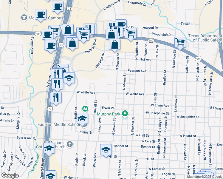 map of restaurants, bars, coffee shops, grocery stores, and more near 1412 White Way in McKinney