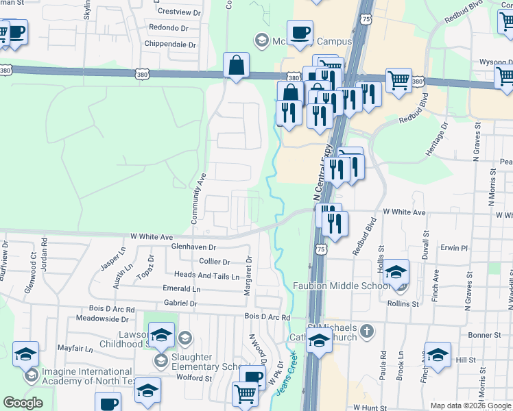 map of restaurants, bars, coffee shops, grocery stores, and more near 1324 Creekbank Drive in McKinney