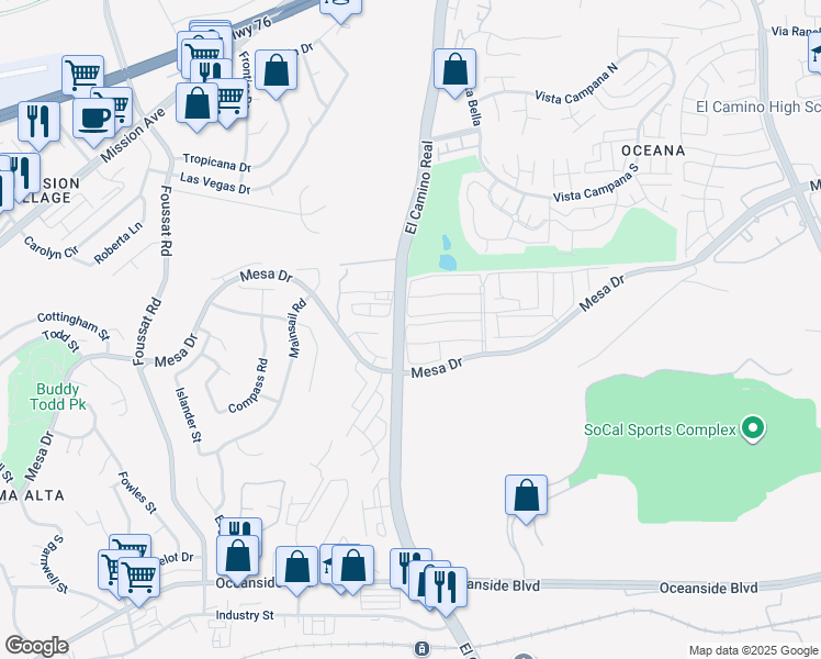 map of restaurants, bars, coffee shops, grocery stores, and more near 3501 Pear Blossom Avenue in Oceanside