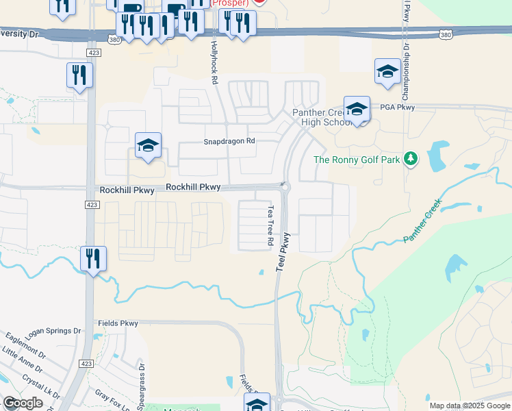 map of restaurants, bars, coffee shops, grocery stores, and more near 2219 Bristlegrass Road in Frisco