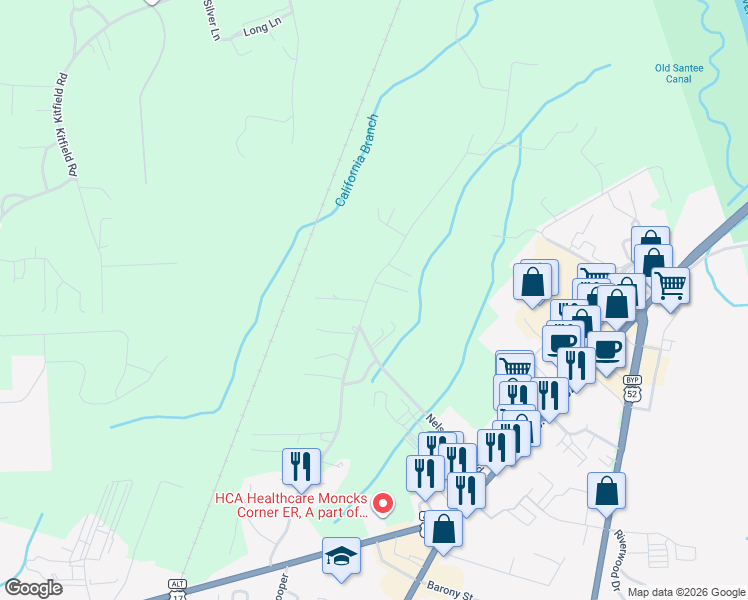 map of restaurants, bars, coffee shops, grocery stores, and more near 252 Mitton Road in Moncks Corner