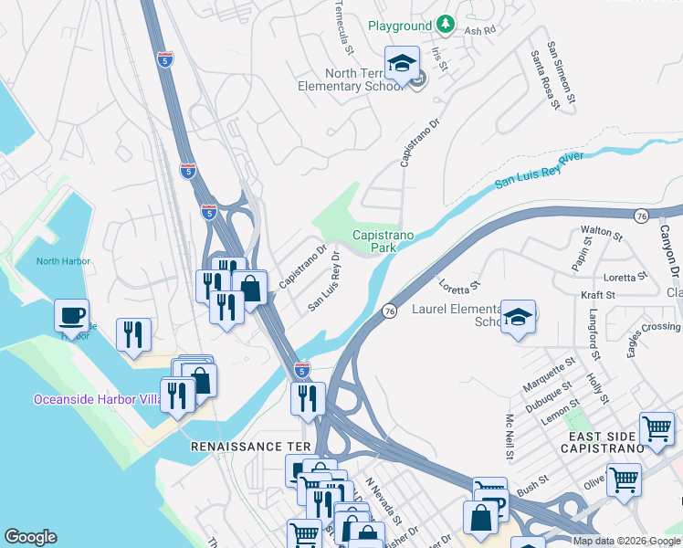 map of restaurants, bars, coffee shops, grocery stores, and more near 627 San Luis Rey Drive in Oceanside