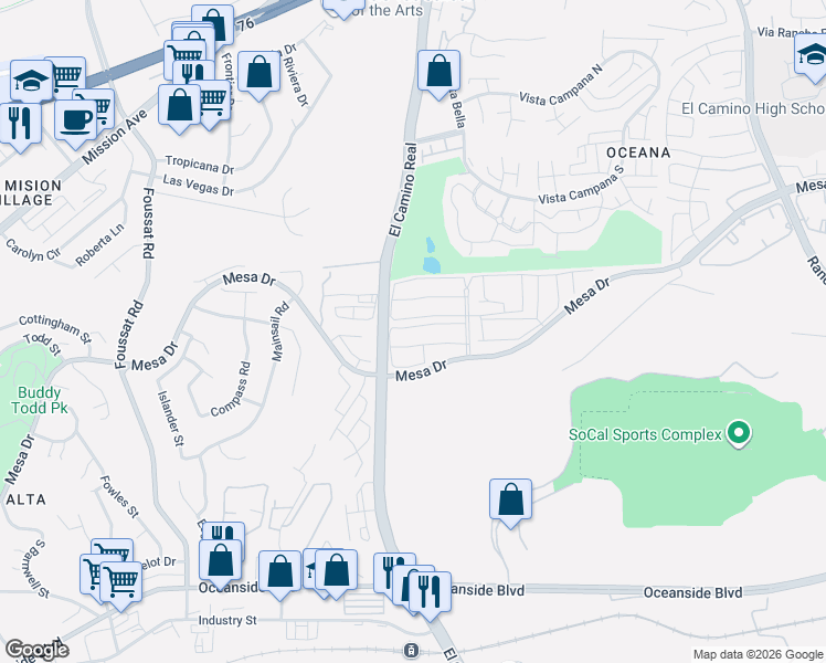 map of restaurants, bars, coffee shops, grocery stores, and more near 3561 Pear Blossom Avenue in Oceanside