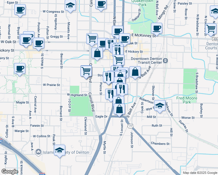 map of restaurants, bars, coffee shops, grocery stores, and more near 508 South Elm Street in Denton
