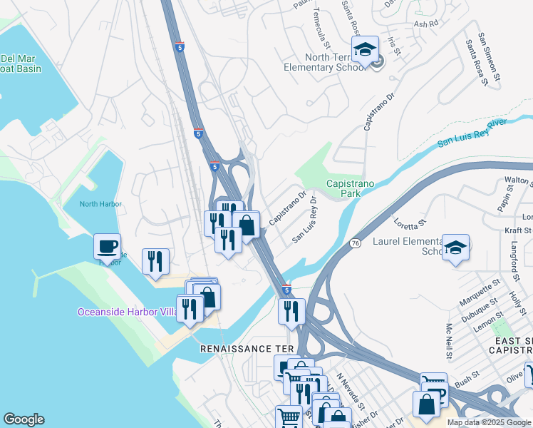 map of restaurants, bars, coffee shops, grocery stores, and more near 515 Sunset Drive in Oceanside