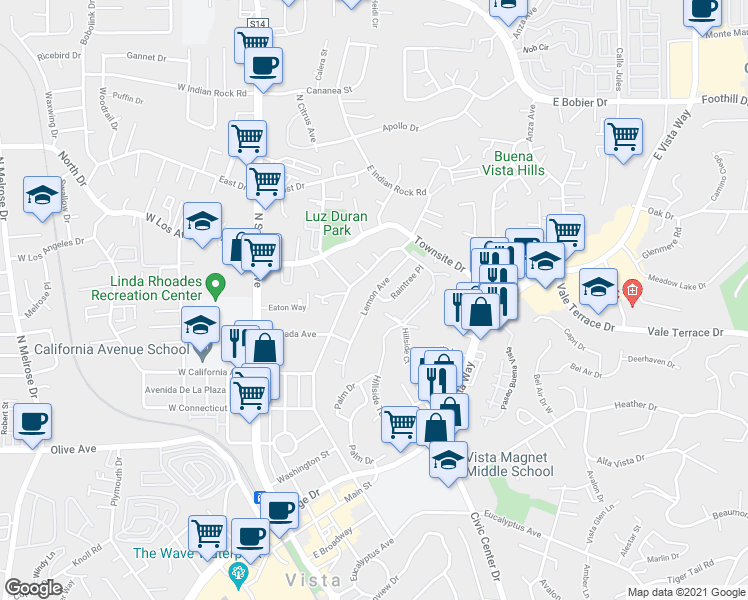map of restaurants, bars, coffee shops, grocery stores, and more near 809 Raintree Place in Vista