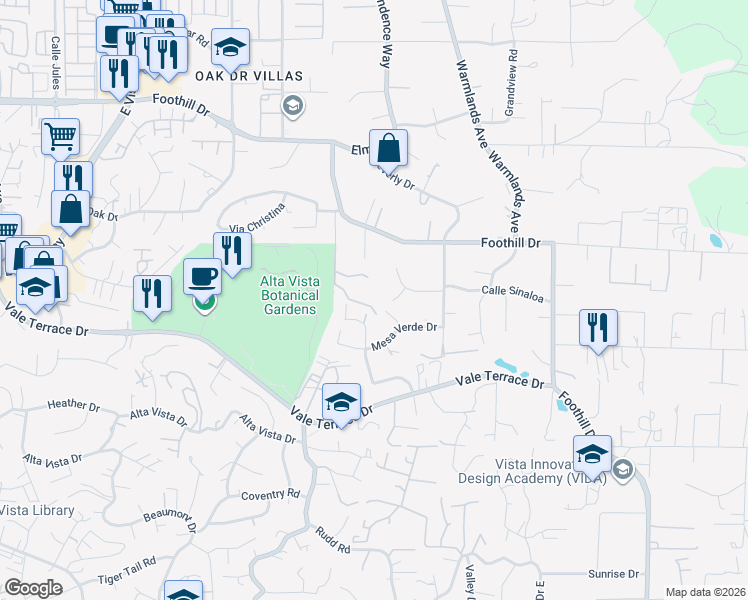 map of restaurants, bars, coffee shops, grocery stores, and more near 1605 Foothill Drive in Vista