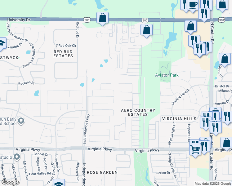 map of restaurants, bars, coffee shops, grocery stores, and more near 10195 Doolittle in McKinney