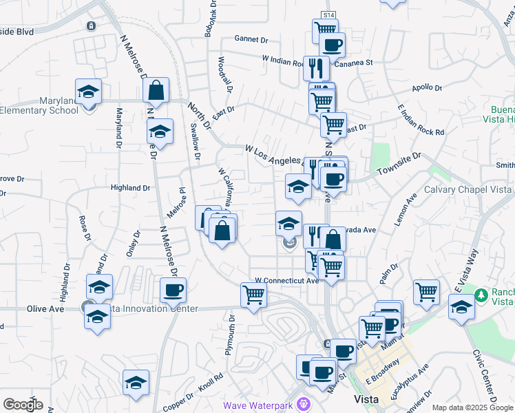 map of restaurants, bars, coffee shops, grocery stores, and more near 330 Plaza De Benito Juarez in Vista