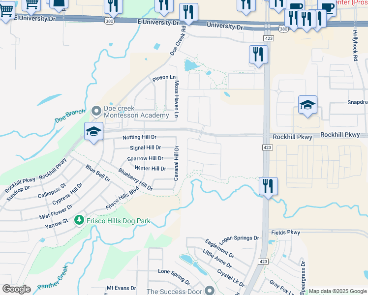 map of restaurants, bars, coffee shops, grocery stores, and more near 301 Cavanal Hill Drive in Little Elm