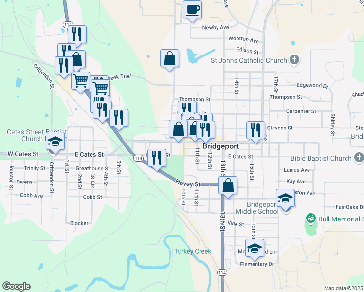 map of restaurants, bars, coffee shops, grocery stores, and more near 1002 Halsell Street in Bridgeport