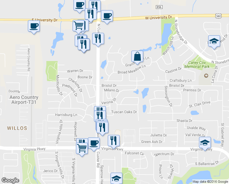 map of restaurants, bars, coffee shops, grocery stores, and more near 8705 Milano Drive in McKinney