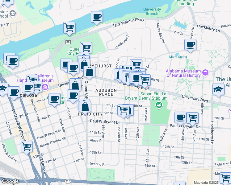 map of restaurants, bars, coffee shops, grocery stores, and more near 1419 6th Street in Tuscaloosa