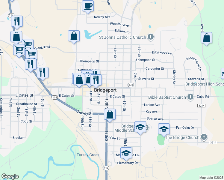 map of restaurants, bars, coffee shops, grocery stores, and more near 1304 Halsell Street in Bridgeport