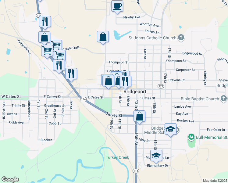 map of restaurants, bars, coffee shops, grocery stores, and more near 1002 Halsell Street in Bridgeport