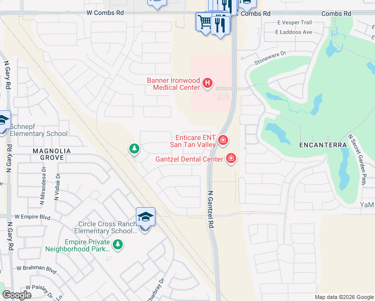 map of restaurants, bars, coffee shops, grocery stores, and more near 349 Pelipa Drive in Pinal County