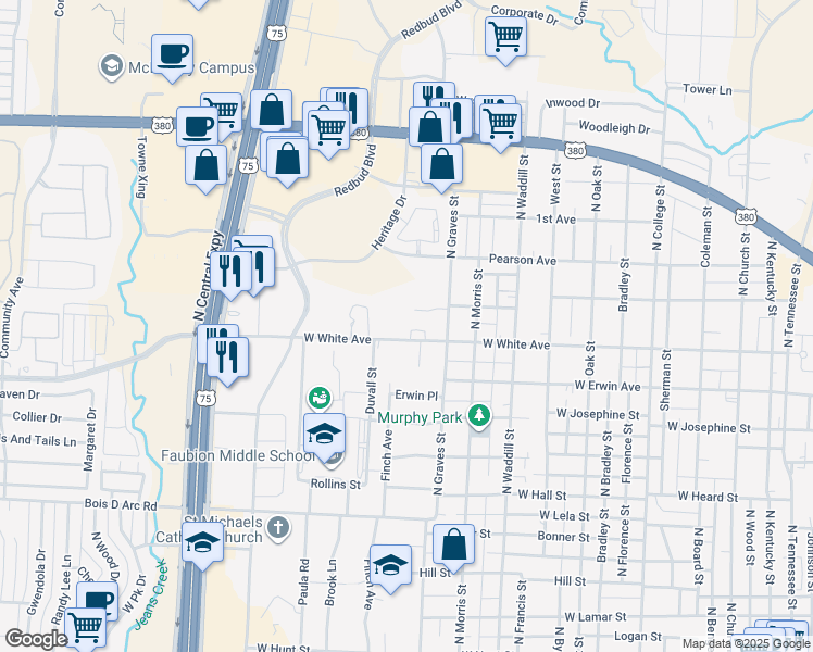 map of restaurants, bars, coffee shops, grocery stores, and more near 1414 White Way in McKinney