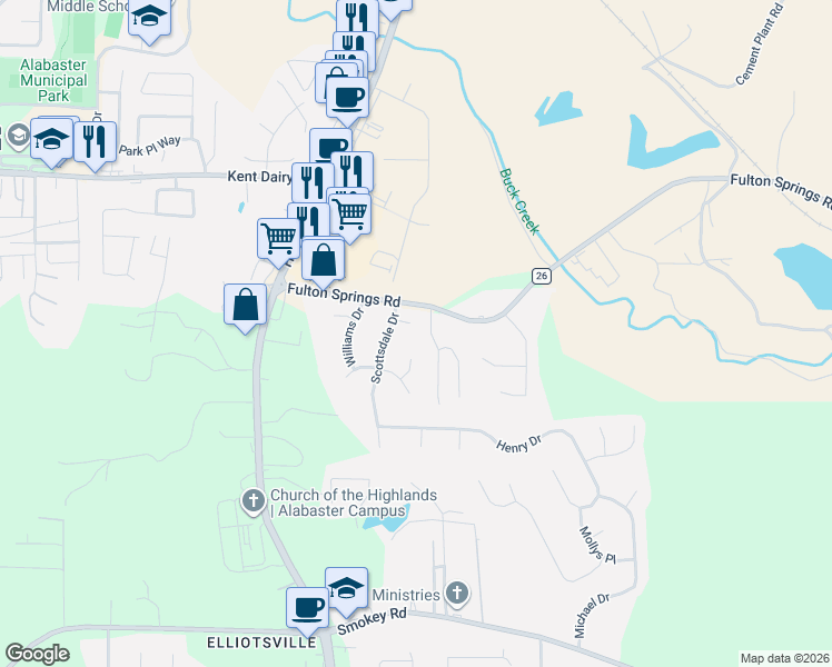 map of restaurants, bars, coffee shops, grocery stores, and more near 3 Todd Circle in Alabaster
