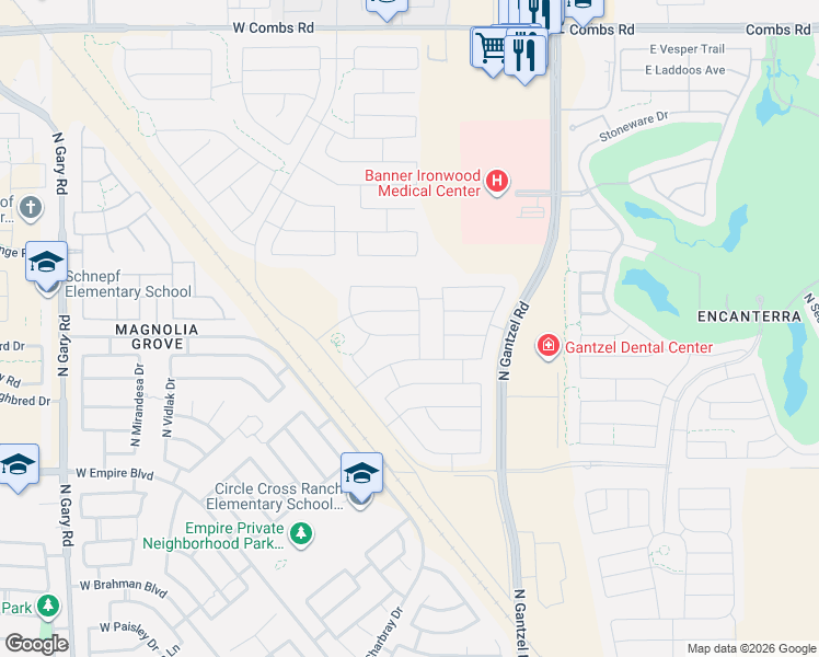 map of restaurants, bars, coffee shops, grocery stores, and more near 36413 North Tahanta Trail in Queen Creek