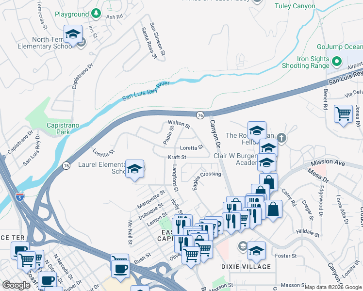 map of restaurants, bars, coffee shops, grocery stores, and more near 1708 Loretta Street in Oceanside