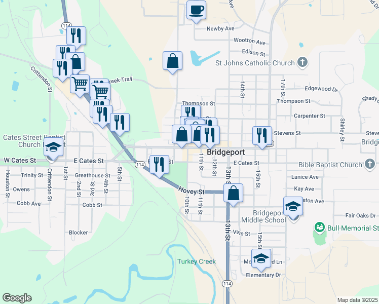 map of restaurants, bars, coffee shops, grocery stores, and more near 1002 Halsell Street in Bridgeport