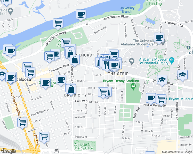 map of restaurants, bars, coffee shops, grocery stores, and more near 1419 6th Street in Tuscaloosa