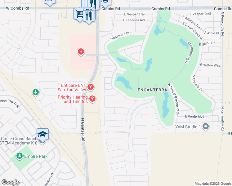 map of restaurants, bars, coffee shops, grocery stores, and more near 36208 Stoneware Drive in San Tan Valley