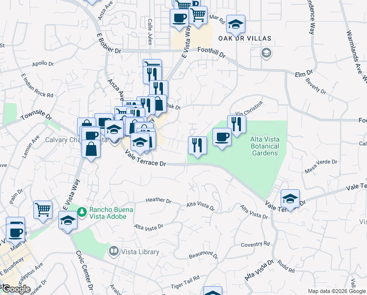 map of restaurants, bars, coffee shops, grocery stores, and more near 1075 Meadow Lake Drive in Vista