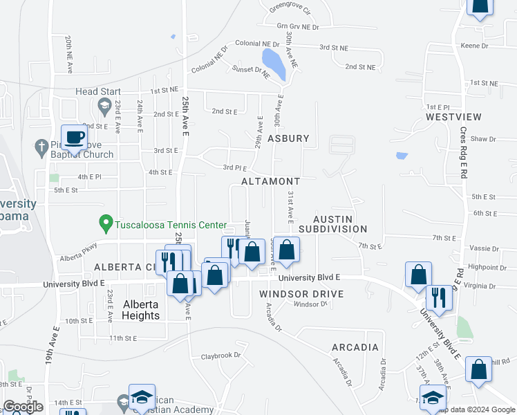 map of restaurants, bars, coffee shops, grocery stores, and more near 586 30th Avenue East in Tuscaloosa