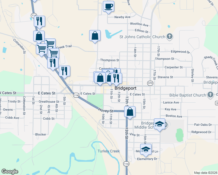 map of restaurants, bars, coffee shops, grocery stores, and more near 1018 Halsell Street in Bridgeport
