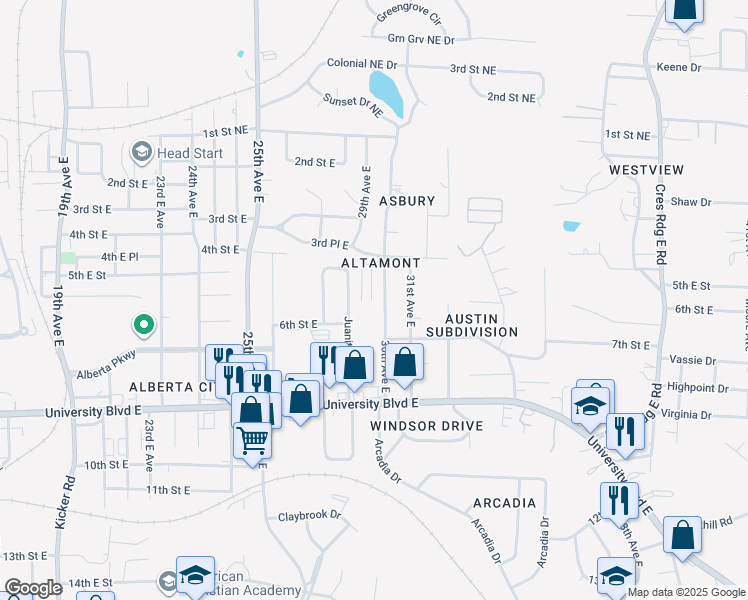 map of restaurants, bars, coffee shops, grocery stores, and more near 510 30th Avenue East in Tuscaloosa