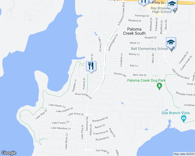 map of restaurants, bars, coffee shops, grocery stores, and more near 1304 Meadowlark Drive in Little Elm