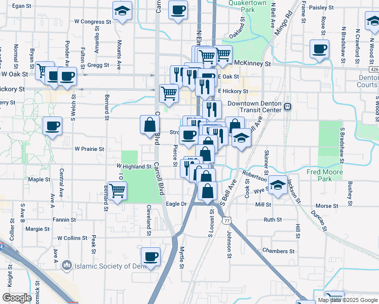 map of restaurants, bars, coffee shops, grocery stores, and more near 508 South Elm Street in Denton