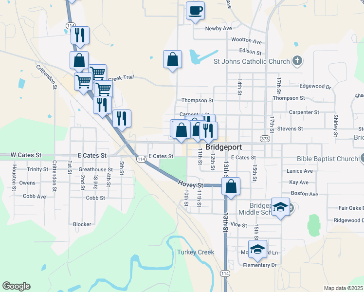 map of restaurants, bars, coffee shops, grocery stores, and more near 1002 Halsell Street in Bridgeport