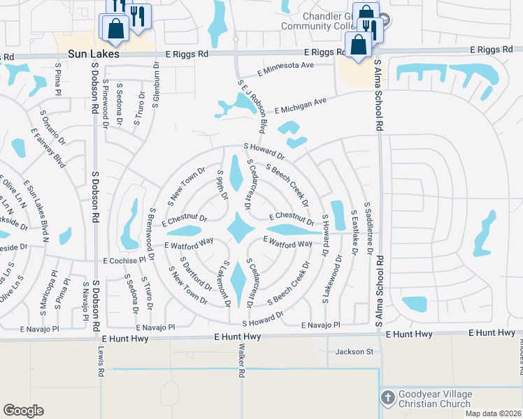 map of restaurants, bars, coffee shops, grocery stores, and more near 26011 South Lancewood Court in Sun Lakes