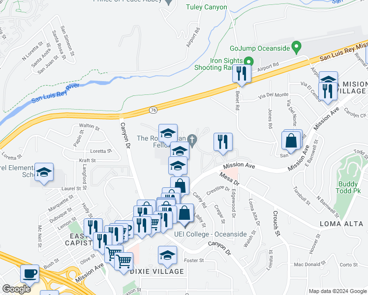 map of restaurants, bars, coffee shops, grocery stores, and more near 809 North Carey Road in Oceanside