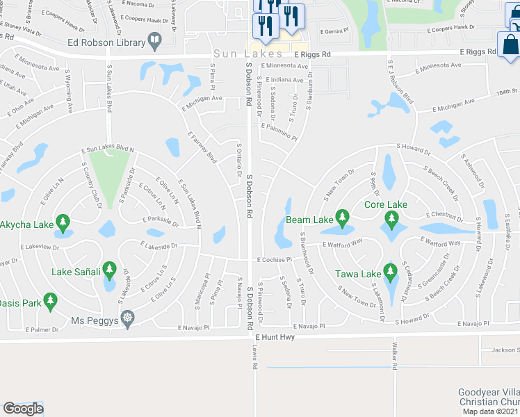 map of restaurants, bars, coffee shops, grocery stores, and more near Bud Court in Sun Lakes