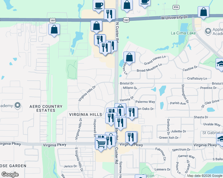 map of restaurants, bars, coffee shops, grocery stores, and more near 809 Essex Drive in McKinney