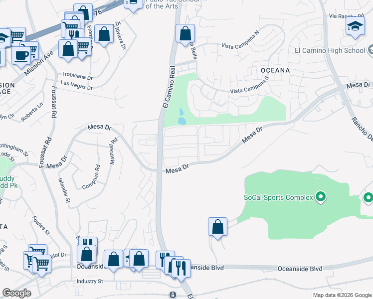map of restaurants, bars, coffee shops, grocery stores, and more near 3577 Pear Blossom Avenue in Oceanside