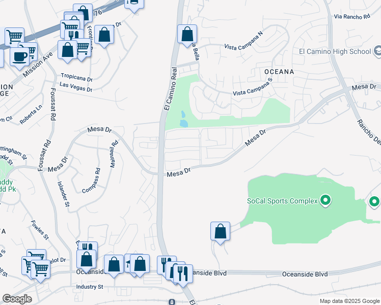 map of restaurants, bars, coffee shops, grocery stores, and more near 3585 Pear Blossom Avenue in Oceanside